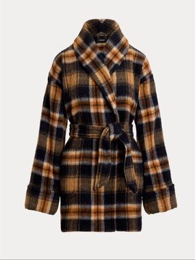 NWT Lauren Ralph Lauren Plaid Wool Blend Shawl Collar Wrap Coat Jacket L